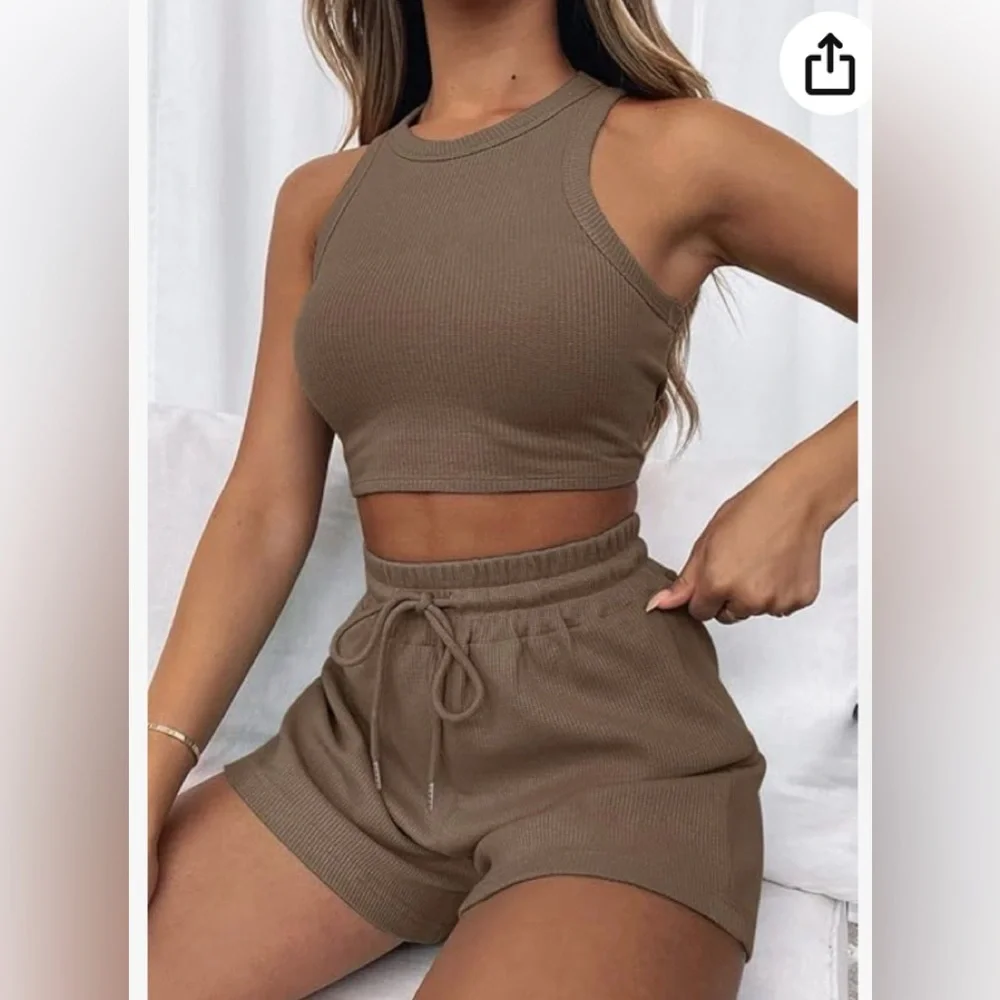 2pc SummerWomen Crop Top/shorts Cocoa brown sz L - Picture 2 of 12